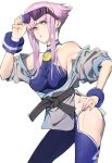  absurdres bare_shoulders blue_eyes dougi eyewear_on_head hand_on_own_hip highres hime_cut hip_vent manon_(street_fighter) martial_arts_belt off_shoulder panty_straps pink_hair sidelocks street_fighter street_fighter_6 sunglasses tanakalma wristband 