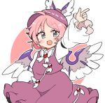  1girl ahoge animal_ears arm_up bird_ears bird_wings blush brown_dress brown_headwear collared_shirt dress fang frilled_dress frilled_sleeves frills grey_eyes hat index_finger_raised ini_(inunabe00) long_sleeves looking_at_viewer mystia_lorelei open_mouth pink_hair shirt short_hair skin_fang sleeve_garter smile solo touhou white_shirt white_wings winged_hat wings 