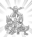  1girl 2boys absurdres animal_ears armlet arms_up boots bracelet collei_(genshin_impact) cyno_(genshin_impact) detached_sleeves dress fox_boy fox_ears fox_tail genshin_impact greyscale highres hood hood_down hoodie human_pyramid jewelry medium_hair monochrome multiple_boys open_mouth pants pillosopi scarf socks squatting standing standing_on_one_leg sweat tail thighhighs tighnari_(genshin_impact) 