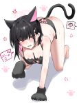  1girl 1other all_fours alternate_costume anger_vein animal_ears animal_hands arona&#039;s_sensei_doodle_(blue_archive) ass bare_legs barefoot bikini black_bikini black_hair blue_archive blush breasts cat_cutout cat_ears cat_paw_cutout cat_tail cleavage clothing_cutout colored_inner_hair extra_ears gloves halo highres horn/wood kazusa_(blue_archive) looking_at_another medium_breasts multicolored_hair paw_gloves pink_hair sensei_(blue_archive) short_hair solo_focus spoken_expression swimsuit tail 