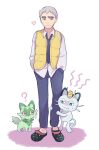  1boy ? alolan_meowth crocs fang full_body grey_hair hand_in_pocket heart leg_hold looking_at_another male_focus nanu_(pokemon) necktie pokemon pokemon_(game) pokemon_sm pokemon_sv red_eyes sathuki_(ktgz_moonur) school_uniform simple_background sprigatito uva_academy_school_uniform vest white_background 