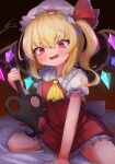 1girl :d absurdres arm_support ascot barefoot blonde_hair blush bow crystal dark_background fangs fingernails flandre_scarlet flat_chest frilled_shirt_collar frills hair_between_eyes hair_bow hat highres holding holding_weapon laevatein_(touhou) legs_apart looking_at_viewer medium_hair mob_cap on_bed one_side_up puffy_short_sleeves puffy_sleeves red_eyes red_skirt red_vest sharp_fingernails short_sleeves simple_background sitting skirt skirt_set slit_pupils smile solo spread_legs tkc_(user_snjd8547) touhou v-shaped_eyebrows vest wariza weapon wings yellow_ascot 