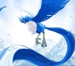  animal_focus articuno beak bird blue_feathers feathers flying mountain no_humans outdoors pokemon pokemon_(creature) red_eyes sky talons uninori white_sky 