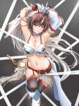  1girl absurdres arknights armpits arms_up bare_shoulders belt black_gloves black_thighhighs blue_eyes breasts brown_hair choker cleavage commentary_request detached_sleeves foot_out_of_frame fur_trim gloves grey_background highres horns jewelry kirin_r_yato_(arknights) large_breasts looking_at_viewer monster_hunter_(series) navel pendant pointy_ears solo stomach thighhighs thighs white_choker yato_(arknights) yukinoshiro 