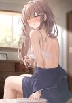  1girl blurry blurry_background blush bra breasts brown_hair desk from_behind hair_ornament hairclip highres indoors long_hair looking_at_viewer medium_breasts monaka_curl original parted_lips sitting solo underwear water white_bra window yellow_eyes 