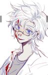  1boy 3s_3s blood blood_on_clothes blood_on_face blue_eyes glasses grey_shirt highres kanou_aogu lab_coat looking_at_viewer male_focus open_mouth saibou_shinkyoku sanpaku shirt short_hair simple_background smile solo white_background white_hair 