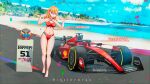  1girl artist_name beach bikini car character_name confetti crunchyroll ferrari ferrari_sf-23 formula_one highres imrinzlergtz_art love_live! love_live!_superstar!! motor_vehicle orange_hair pirelli podium pointing pointing_at_self purple_eyes race_queen racetrack scuderia_ferrari shell_(company) shibuya_kanon spoiler_(automobile) swimsuit tire trophy vehicle_name 