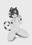  1girl animal_crossing animal_ears ankha_(animal_crossing) artofpechi bob_cut breasts cat_ears cat_tail commentary completely_nude cup english_commentary eyeshadow furry furry_female greyscale highres holding holding_cup makeup monochrome naughty_face nipples nude pussy sitting small_breasts solo spilling striped_tail suggestive_fluid tail thick_thighs thighs wristband 