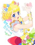  1girl :3 :d blonde_hair blue_bow blue_eyes blunt_bangs blush bow catchphrase commentary_request cone_hair_bun curly_hair double_bun dress dutch_angle frilled_dress frills hair_bow hair_bun hands_up heart heart_hands idol_clothes layered_skirt looking_at_viewer minami_mirei moudoku_(decopon3rd) multicolored_clothes multicolored_dress open_mouth pretty_(series) pripara red_bow short_hair skirt sleeveless sleeveless_dress smile solo star_(symbol) translation_request white_background 