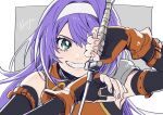  1girl absurdres arm_strap commentary_request dress elbow_gloves fingerless_gloves fire_emblem fire_emblem:_radiant_dawn gloves green_eyes hairband highres holding holding_sword holding_weapon hoshigaki_(hsa16g) long_hair looking_at_viewer mia_(fire_emblem) orange_dress purple_hair sleeveless sleeveless_dress solo sword upper_body weapon white_hairband 