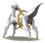  2019 all_fours arceus butt digital_drawing_(artwork) digital_media_(artwork) feral generation_4_pokemon hi_res legendary_pokemon long_legs looking_back nintendo on_ice_(artist) pokemon pokemon_(species) raised_tail red_eyes shadow simple_background solo solo_focus standing tail white_body 