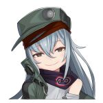  1girl brown_eyes closed_mouth english_commentary g11_(girls&#039;_frontline) girls&#039;_frontline green_headwear green_jacket grey_hair grey_shirt hair_between_eyes hat jacket long_hair looking_at_viewer purple_scarf ran_system scarf shirt simple_background smile solo straight-on upper_body white_background 