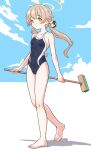 1girl bare_arms bare_legs barefoot black_one-piece_swimsuit blue_archive breasts broom brown_hair cloud collarbone competition_swimsuit covered_navel full_body halo hifumi_(blue_archive) holding holding_broom long_hair looking_at_viewer low_twintails one-piece_swimsuit shadow small_breasts solo special_cat swimsuit twintails walking yellow_eyes 