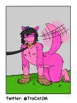  absurd_res accessory anthro black_hair black_nose canid canine canis clothing collar female fur gloves hair hair_accessory handwear hi_res mammal nipples nude pink_body pink_fur solo tail tail_motion tracat wolf 