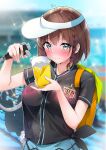  1girl alcohol backpack bag beer beer_mug black_shirt blue_eyes blue_skirt blurry blurry_background blush braid brown_hair charlotte_corday_(fate) closed_mouth cup dermar fate/grand_order fate_(series) heart highres holding holding_cup looking_at_object mug name_tag orange_bag people shirt short_hair side_braid signature skirt smile solo_focus sparkle stadium tied_shirt visor_cap 