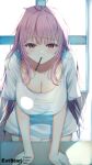  1girl artist_name aties20 blush breasts cleavage commentary highres hololive large_breasts leaning_forward looking_at_viewer mori_calliope mouth_hold patreon_username pink_eyes pink_hair pixiv_username shirt solo t-shirt twitter_username virtual_youtuber white_shirt 