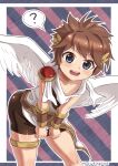  2019 absurd_res angel blue_eyes brown_hair clothing feathered_wings feathers hair hi_res humanoid kid_icarus light_body light_skin looking_at_viewer male nintendo not_furry open_mouth open_smile pit_(kid_icarus) question_mark signature simple_background smile solo speech_bubble whinghope winged_humanoid wings young 