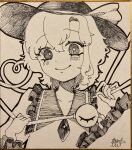  1girl closed_mouth collarbone commentary_request greyscale hat hat_ribbon highres komeiji_koishi long_sleeves looking_at_viewer monochrome ribbon shikishi short_hair signature simple_background smile solo touhou traditional_media upper_body yomogi_0001 