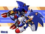  2boys animal_ears battle blue_armor blue_fur clenched_hand fake_animal_ears from_side gloves glowing glowing_eyes green_eyes highres joints metal_sonic multiple_boys over_x6 punching red_eyes red_footwear robot robot_joints sonic_(series) sonic_the_hedgehog white_gloves 