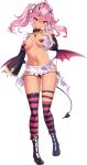  1girl apron asymmetrical_legwear bikini bikini_bottom_only boku_ga_incubus_ni_naru_tame_ni_kyou_kara_succubus_to_lesson_shimasu boots breasts choker dark-skinned_female dark_skin demon_girl demon_horns demon_tail demon_wings detached_sleeves full_body headdress heart_pasties horns long_hair looking_at_viewer low_wings lowleg medium_breasts navel non-web_source official_art palmier_(boku_ga_incubus_ni_naru_tame_ni_kyou_kara_succubus_to_lesson_shimasu) pasties photoshop_(medium) pink_eyes pink_hair shiokonbu side-tie_bikini_bottom smile solo striped striped_thighhighs swimsuit tachi-e tail thigh_strap thighhighs transparent_background twintails venus_symbol white_apron wings 