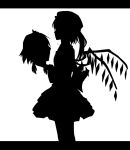  2girls back_bow bow braid cowboy_shot crying disembodied_head flandre_scarlet from_side greyscale guro hat holding_head izayoi_sakuya large_bow letterboxed medium_hair mob_cap monochrome multiple_girls one_side_up silhouette skirt stc touhou twin_braids wings 