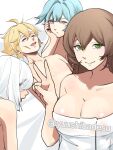  1boy 3girls :d ^_^ aether_(genshin_impact) alternate_costume bare_shoulders bed_sheet blonde_hair blue_hair breasts brown_hair cleavage closed_eyes collarbone commentary emaciated english_commentary eula_(genshin_impact) exhausted eyes_visible_through_hair genshin_impact green_eyes grey_eyes guy_tired_after_sex_(meme) hair_between_eyes highres lisa_(genshin_impact) long_hair looking_at_viewer medium_hair meme multiple_girls naked_towel parted_lips purple_eyes selfie shenhe_(genshin_impact) sidelocks simple_background sleeveless smile sunken_cheeks topless_male towel twitter_username v white_background white_hair white_towel yuushiba 