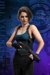  1girl armpit_crease bare_shoulders black_gloves black_pants blue_tank_top breasts character_name cleavage closed_mouth fingerless_gloves gloves gun holding holding_weapon holster jewelry jill_valentine looking_at_viewer medium_breasts necklace official_art pants resident_evil resident_evil:_death_island short_hair shotgun simple_background sleeveless solo standing tank_top v-shaped_eyebrows weapon white_tank_top 