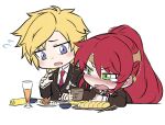  1boy 1girl blonde_hair blue_eyes blush chibi chopsticks circlet commentary_request crying crying_with_eyes_open cup flying_sweatdrops green_eyes hair_between_eyes ishikane_aoi jaune_arc long_hair long_sleeves open_mouth plate ponytail pyrrha_nikos red_hair rwby school_uniform simple_background tears tongue white_background 
