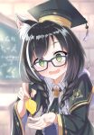  @_@ alternate_costume alternate_hairstyle animal_ears black_hair blurry blurry_background blush braid cat_ears commentary_request fang feeding food glasses green_eyes hat highres karyl_(princess_connect!) looking_at_viewer open_mouth princess_connect! school_uniform tetorariumu twin_braids uniform 