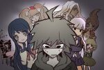  2boys 6+girls :o ahoge asahina_aoi black_hair blonde_hair blue_hair blush blush_stickers bow bowtie breasts brown_hair brown_skirt celestia_ludenberg cleavage collarbone collared_shirt cosplay crossdressing crossed_arms danganronpa:_trigger_happy_havoc danganronpa_(series) drill_hair enoshima_junko enoshima_junko_(cosplay) freckles fujisaki_chihiro grey_hair hair_bow hair_ornament ikusaba_mukuro jacket kirigiri_kyoko large_breasts looking_at_another maizono_sayaka miniskirt multiple_boys multiple_girls naegi_makoto necktie ogami_sakura open_mouth otoko_no_ko pink_bow pink_bowtie rabbit_hair_ornament shirt short_hair sitting skirt smile sweat table twin_drills twintails zhu_shu 