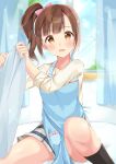  1girl apron bed_sheet black_socks blue_apron blush bow breasts brown_eyes brown_hair collarbone curtains hair_bow hair_ribbon hands_up highres holding idolmaster idolmaster_cinderella_girls idolmaster_cinderella_girls_starlight_stage igarashi_kyoko indoors knee_up lens_flare long_hair long_sleeves looking_at_viewer medium_breasts morning on_bed open_mouth pink_ribbon plaid plaid_skirt pleated_skirt ribbon shirt side_ponytail sitting skirt smile socks solo sunlight tktk135 tree white_shirt white_skirt window 