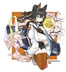  1girl animal_ears artist_logo artist_name bag black_hair black_shorts character_request choker closed_mouth copyright_request fanny_pack gohanduck highres hood hood_down hoodie long_hair looking_at_viewer orange_thighhighs ponytail shoes short_shorts shorts sleeves_past_fingers sleeves_past_wrists sneakers solo spirit thighhighs white_footwear white_hoodie yellow_eyes 