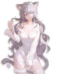  1girl animal_ear_fluff animal_ears bra breasts bridal_garter cat_ears cat_girl cat_tail cleavage collarbone commentary contrapposto covering covering_crotch cowboy_shot eyepatch grey_hair hand_up highres lace-trimmed_bra lace_trim long_hair long_sleeves medical_eyepatch medium_breasts messy_hair off_shoulder original oto1_030 parted_lips partially_unbuttoned shirt shirt_tug simple_background single_thighhigh solo standing symbol-only_commentary tail thighhighs underwear white_background white_bra white_shirt white_thighhighs yellow_eyes 