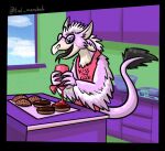  anthro appron avali avian burger detailed_background eyewear feathers food forked_tongue glasses hamburgers keroburgers kerolink ketchup kiss_the_cook kitchen long_tongue male pink_body purple_eyes sharp_teeth solo space_salaman_(artist) tail teeth tongue window 