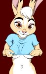  anthro breasts brown_eyes clothing disney dressing female fur grummancat hi_res implied_nudity jackie_hopps_(grummancat) lagomorph leporid looking_at_viewer mammal rabbit shirt simple_background tan_body tan_fur teasing_viewer topwear under_boob white_body white_fur zootopia 