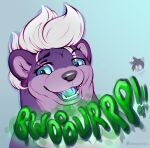  absurd_res blue_eyes bodily_fluids burping fangs feral flat_colors gas hair hi_res male mammal mustelid onomatopoeia open_mouth otter purple_body saliva sassylebraix smile smug solo sound_effects teeth text volkan white_hair 