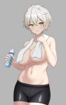  1girl areola_slip armpit_crease bike_shorts bottle breasts cleavage closed_mouth commentary cowboy_shot grey_background grey_hair groin hair_between_eyes hands_up highres holding holding_bottle holding_towel large_breasts light_blush looking_at_viewer miyabi_(senran_kagura) navel senran_kagura short_hair simple_background slit_pupils solo standing stomach surippa1010 thigh_gap topless towel towel_around_neck water_bottle wavy_mouth yellow_eyes 