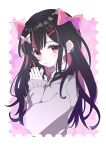  1girl black_hair black_nails bow closed_mouth collared_shirt ear_piercing hair_bow ixy light_blush long_hair long_sleeves looking_at_viewer multicolored_hair original own_hands_together piercing pink_hair shirt solo streaked_hair sweater upper_body 