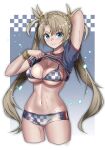  1girl arm_up bikini blonde_hair blue_eyes blue_shirt body_writing bradamante_(fate) bradamante_(festival_outfit)_(fate) braid breasts buruma checkered_bikini checkered_clothes cleavage closed_mouth clothes_lift clothes_writing commentary_request cropped_legs crown_braid fate/grand_order fate_(series) french_braid hair_between_eyes large_breasts lifted_by_self long_hair looking_at_viewer navel shirt shirt_lift short_sleeves sidelocks smile solo standing stomach suishougensou sweat swimsuit twintails white_buruma wristband 