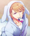  1boy a3! animal_costume animal_ears animal_hood apple_inc. blonde_hair blurry blurry_background brown_hair chigasaki_itaru closed_mouth collarbone commentary_request fake_animal_ears fake_tail hood hood_up itunes itunes_card looking_at_viewer male_focus mouth_hold multicolored_hair purple_eyes rabbit_costume rabbit_ears rabbit_hood rabbit_tail shirt short_hair smile solo streaked_hair swept_bangs tail tayu_(canary-san) white_shirt zipper zipper_pull_tab 