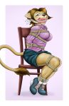  ankles_tied anthro arms_tied bdsm blouse bondage bottomwear bound chair chair_bondage clothing felid female footwear furniture hands_behind_back harness hi_res legs_tied lexxi_(chemicalinfantry) lion mammal pantherine restraints rope rope_bondage shoes sitting skirt solo stuff_gag theboundraccoon topwear 