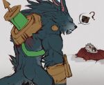  1boy :3 ? animalization annoyed ass body_fur cat eyepatch fiora_(na1su) from_behind furry furry_male league_of_legends male_focus rengar smug spoken_object standing theft warwick werewolf 