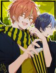  2boys absurdres aoyagi_touya black_border black_jacket blonde_hair blue_hair border brown_eyes fang grey_eyes highres jacket kao_ru05 male_focus multicolored_hair multiple_boys orange_hair project_sekai scarf shinonome_akito shirt split-color_hair yellow_background yellow_shirt 