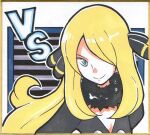  1girl blonde_hair bravefarm2 breasts cleavage cynthia_(pokemon) hair_over_one_eye long_hair looking_at_viewer outline pokemon pokemon_(game) pokemon_dppt smile solo split_mouth traditional_media upper_body very_long_hair white_outline 