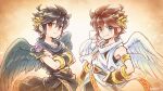  2boys angel angel_wings armband armlet black_hair blue_eyes brown_eyes collarbone crossed_arms dark_pit feathered_wings kid_icarus kid_icarus_uprising laurel_crown looking_at_viewer male_focus multiple_boys pit_(kid_icarus) red_eyes siblings smile twins upper_body wings yukigi 