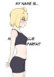  1girl absurdres ahoge arm_behind_back bare_arms bare_shoulders bike_shorts black_sports_bra blonde_hair blush bob_cut breasts cipher4109 english_text from_side green_eyes groin_outline highres midriff millie_parfait nijisanji nijisanji_en pout profile short_hair simple_background small_breasts solo sports_bra virtual_youtuber white_background 