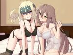  2girls absurdres adele_(fate) all_fours babydoll bare_shoulders black_bra black_panties black_thighhighs blonde_hair blue_eyes blush bra breasts brown_hair cleavage collarbone commentary_request diadem elfenlied22 fate/grand_order fate_(series) green_eyes highres large_breasts long_hair looking_at_viewer medium_hair multiple_girls panties pollux_(fate) smile thighhighs thighs underwear 