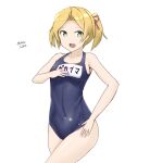  1girl blonde_hair blue_eyes blue_one-piece_swimsuit blush breasts covered_navel flipped_hair hand_on_own_chest highres kantai_collection looking_at_viewer maikaze_(kancolle) minoa_11touhei name_tag new_school_swimsuit one-piece_swimsuit open_mouth ponytail school_swimsuit short_hair small_breasts smile solo swimsuit 