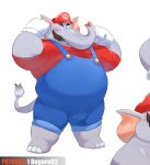  2023 anthro barefoot belly better_version_at_paywall blush clothing cropped elephant elephant_mario elephantid facial_hair feet flexing full-length_portrait hat headgear headwear hi_res looking_at_viewer male mammal mario mario_bros mustache nintendo o-ro overweight overweight_male portrait proboscidean simple_background solo standing super_mario_bros_wonder white_background 