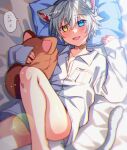  1boy animal_ears bandaid bandaid_on_neck blue_eyes blush borrowed_clothes cat_boy cat_ears collared_shirt extra_ears ginjiro_(ginziro525) ginjiro_(vtuber) heterochromia indie_virtual_youtuber long_sleeves lying male_focus on_bed pillow shirt short_hair stuffed_animal stuffed_cat stuffed_toy thighs twitter_username virtual_youtuber white_hair white_shirt yellow_eyes 